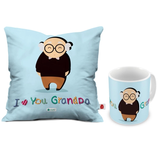 Indigifts Grandfather Birthday Gifts Love You Grandpa Quote Cute Granddad Illustration Blue Coffee Mug 330 ml & & Cushion Cover 12x12 inch with Filler - Gift for Grandparent Anniversary, Nana-Birthday