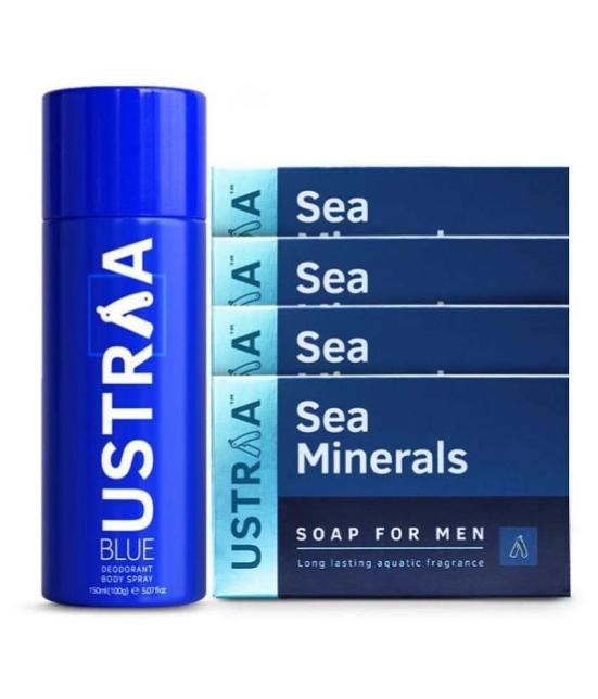 Ustraa Blue Deodorant - 150 ml & Deo Soap Sea Minerals - 100g (Pack of 4)