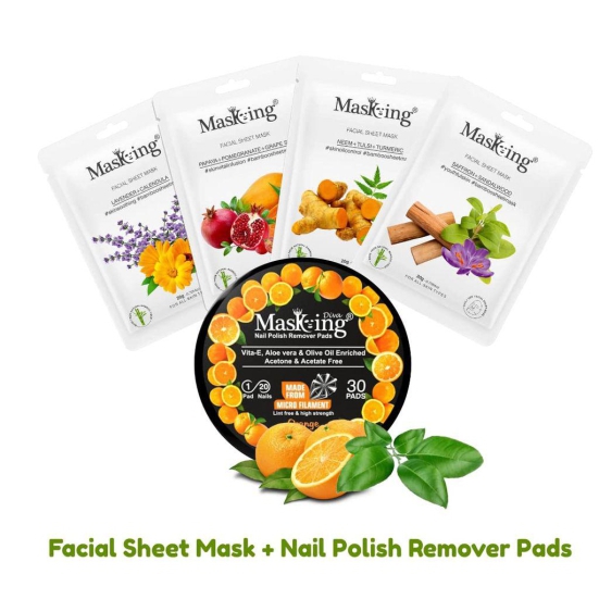 MasKing Bamboo Facial Sheet Mask For Lavender, Papaya, Neem & Saffron Ideal For Women & Men (Combo Pack of 4) | Diva Orange Nail Polish Remover 30 Round Pads (Pack of 1)