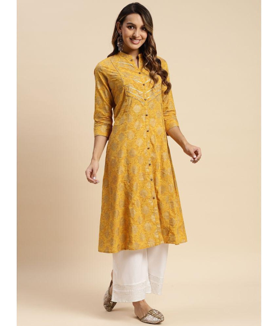 Rangita Women Cotton Yellow Gold Printed Calf Length Kalidar Kurti - None