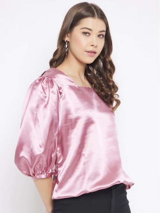 Women Pink Solid Square Neck Satin Blouson Top