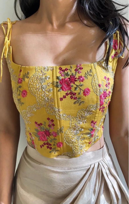 Marigold Embroidered Silk Chanderi Corset-XS