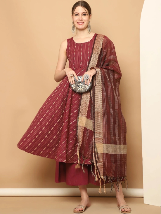 Maroon Woven Design Kantha Work Kurta with Palazzos & With Dupatta-XL / Red