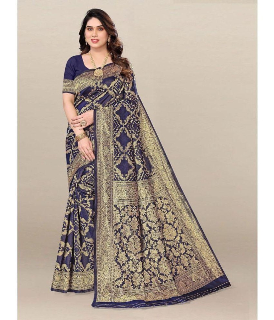 Om Shantam Sarees Banarasi Silk Embellished Saree With Blouse Piece - Navy Blue ( Pack of 1 ) - Navy Blue