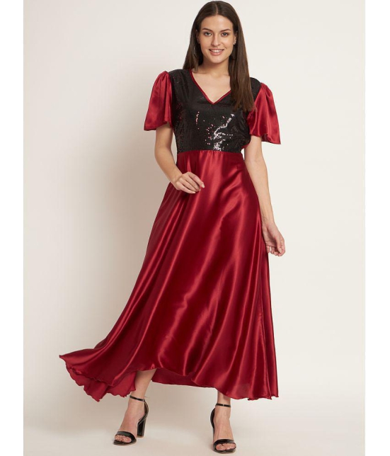 Curvydrobe Satin Embellished Ankle Length Women's Fit & Flare Dress - Maroon ( Pack of 1 ) - None