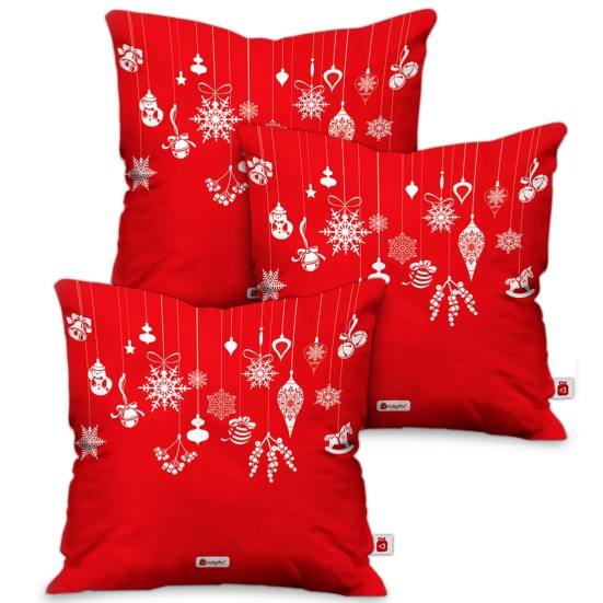 Indigifts Christmas Gifts Decorative Festive Ornaments and Charms Printed Red Set of 3 Cushion Cover 18x18 inches - Christmas Cushion, Christmas Decorations for House, Xmas Decorations