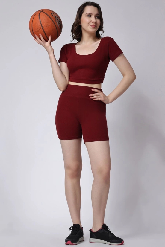 Womens Maroon Gym Co-Ord Set Ribbed Half Sleeves with Shorts-S / Maroon