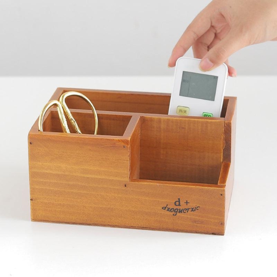 Retro Wood Multi Desktop Storage Box Multi Functional Remote Control Storage Box-Retro color