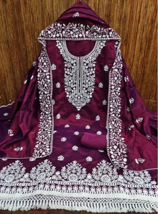 Unstitched Chanderi Salwar Suit Material Embroidered