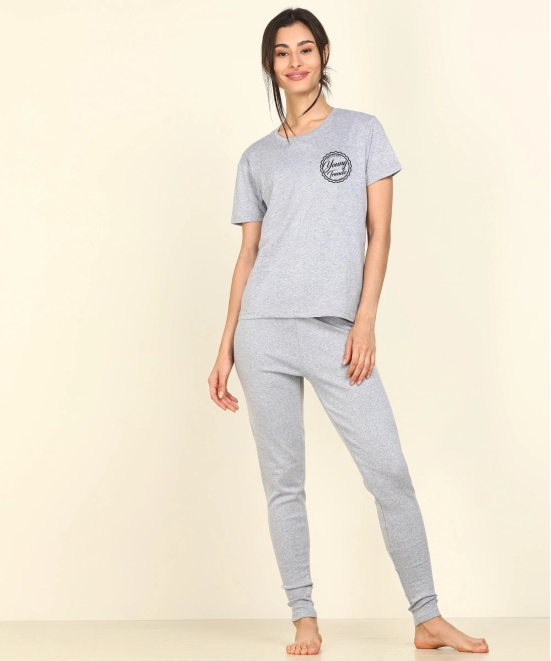 Womens Lounge Wear Regular Fit T-Shirt And Print Tights Set-XL / Grey