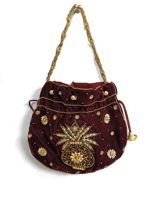 Handcraft Sequins Embroidery handwork Potli Bag for Girls & Women - Maroon