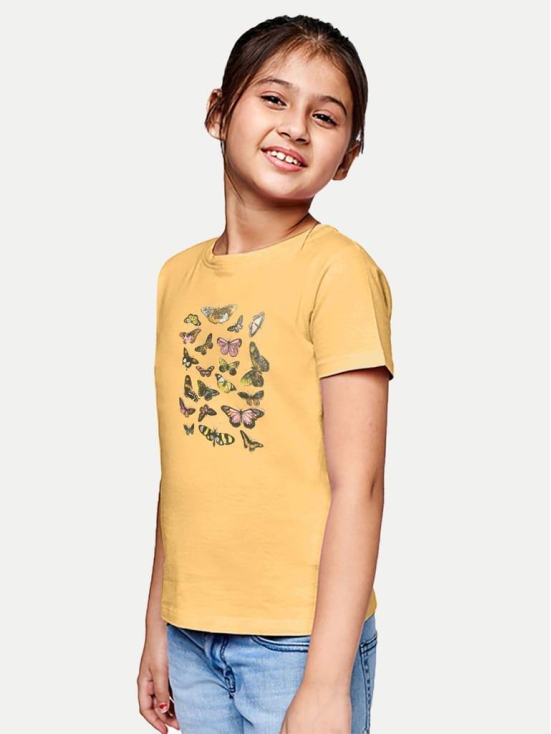 Girls Mustard Printed Crew Neck T-Shirt