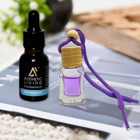 Aesthetic Living Car Aromatizer/ Diffuser Bottle with Essential Oil (Square Transparent Shape-8 ml+ Peppermint Essential Oil, 15 ml)