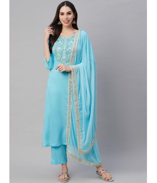 AMIRA'S INDIAN ETHNICWEAR - Blue Straight Rayon Women's Stitched Salwar Suit ( Pack of 1 ) - None