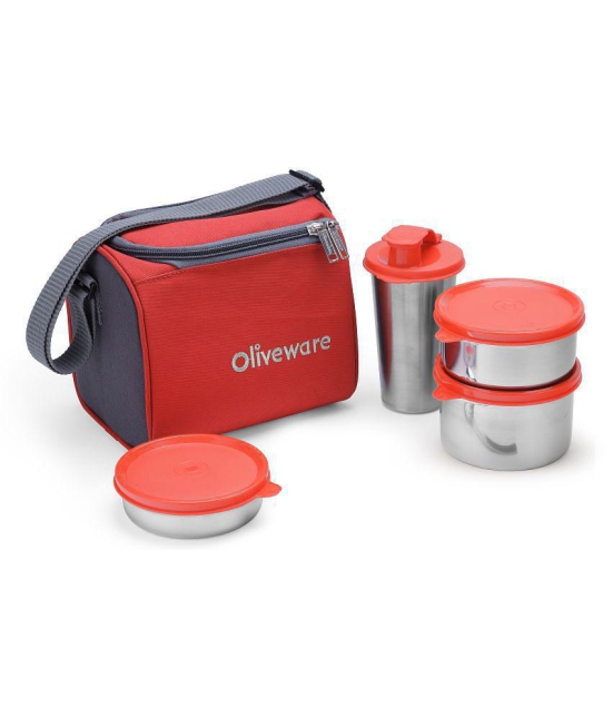 Oliveware Milano Lunch Box, 3 Stainless Steel Containers and Sipper with Steel Spoon - Red