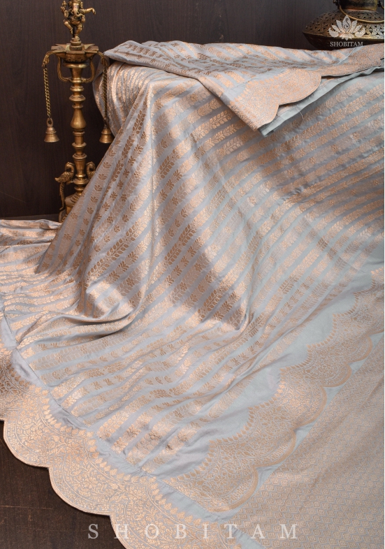 Scalloped Border on Gray Katan Banarasi Silk Saree with Zari Stripes | SILK MARK CERTIFIED