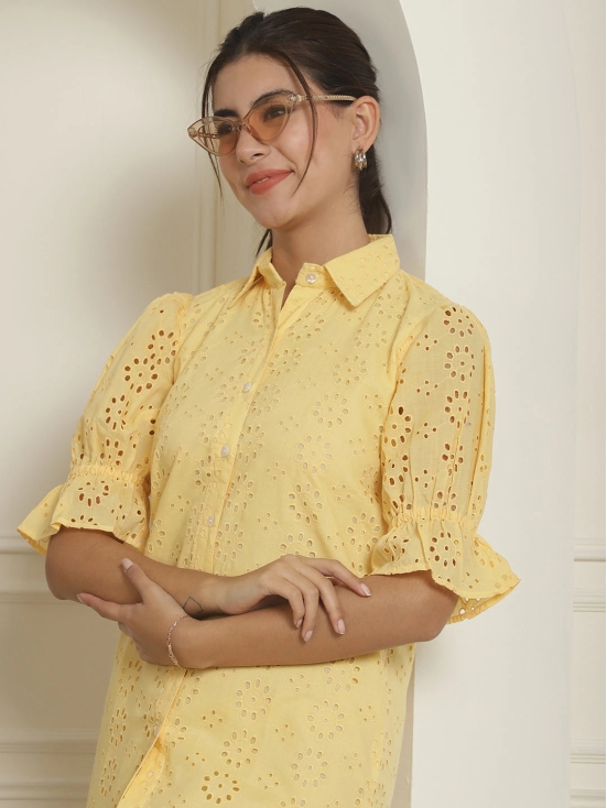 Embroidered Cotton  Dress for Women-M / Yellow