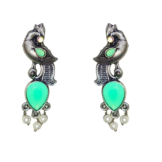 Oxidized Silver Peacock Earrings with Ocean Green Stones and Pearls