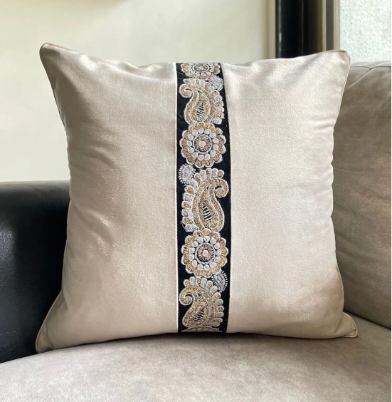 Bold Embroidered Lace Velvet Off-White Color Cushion Cover - 16x16 Size