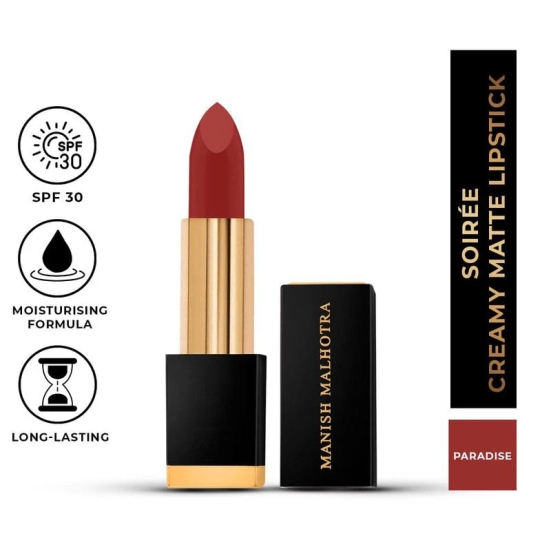 Manish Malhotra Soiree Creamy Matte Lipstick - Paradise (Coral Shade) | Long Lasting, Pigmented With SPF 30 & Vitamin E