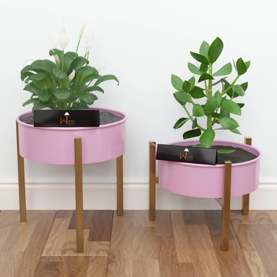 Wooden Twist Modern Champagne Planter Stand (Set of 2)-Pink & Golden