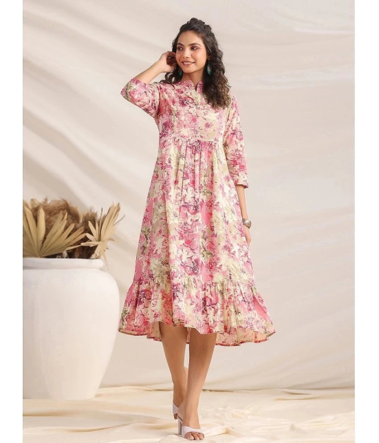 Janasya Cotton Printed Midi Womens Fit & Flare Dress - Pink ( Pack of 1 ) - None