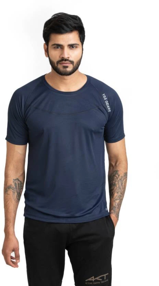 Men Solid Round Neck Polyester Blue T-Shirt