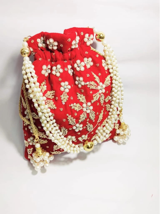 Red Velvet Potli Bag with Pearl and Zari Embroidery