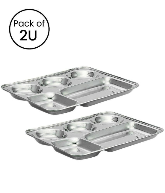 HOMETALES Stainless Steel 5 in 1 Rectangle Partition plate, Pack of 2 - Silver