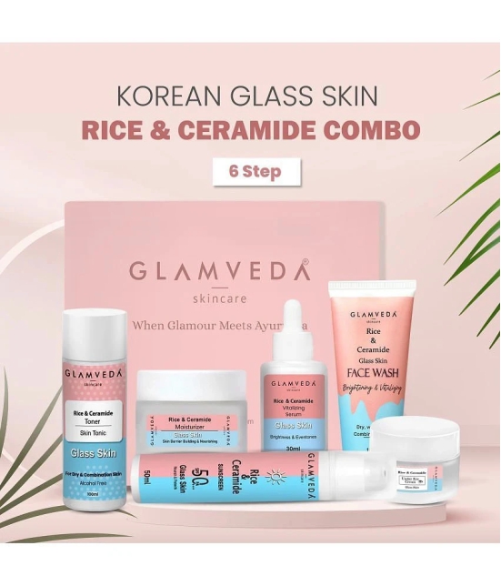 Glamveda Korean Glass Skin Rice & Ceramide 6 Step Daily Skincare Routine For Women with Gift Box | Face wash, Toner, Serum, Under eye cream, Moisturizer & Sunscreen