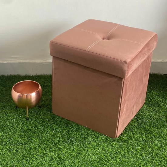 Solid Velvet Foldable Storage Box Cum Stool-Brown