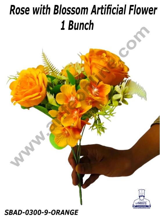 CAKE DECOR™ Rose with Blossom  Artificial Flower For Cake Decoration – (1 Bunch)-ORANGE