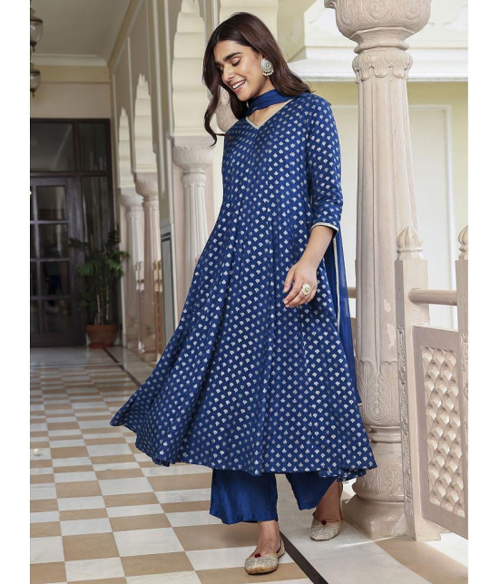 Janasya Brocade Printed Kurti With Palazzo Women''s Stitched Salwar Suit - Blue ( Pack of 1 ) - None