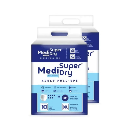 MediSuperDry Unisex, Adult Pull-Up Diaper Pants Xl - High Absorbency, Leak Proof, Overnight Protection, Elastic Waist Size (147-172 Cm | 58-68 Inches) - 20 Pieces, Pack Of 2