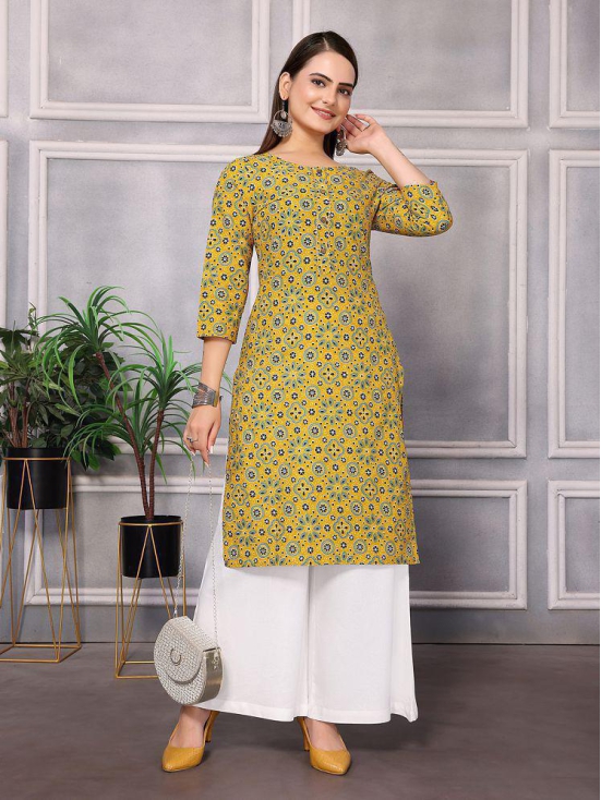 Rangita Women Cotton Mustard Printed Knee Length Straight Kurti - None