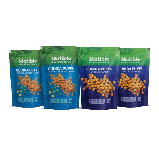 Natible Roasted Quinoa Puffs, Combo (Pack Of 2 Each, 70 Gms Each) Dahi Papdi And Cheese Jalapeno Flavour.