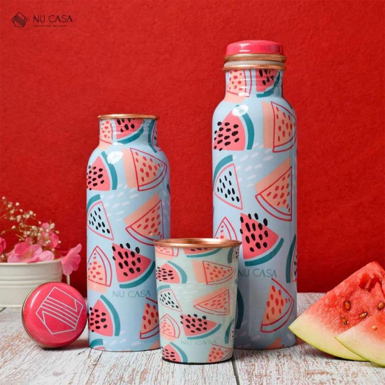 Watermelon Print Copper Bottle with a set of 2 Glasses