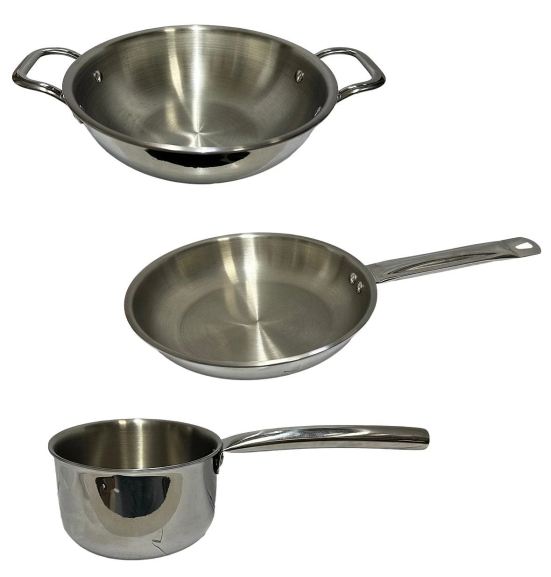 DYNAMIC STORE Dynore stainless steel thick gauge Set of 3 Triply cookware set - Kadai/Saucepan/Frypan with Riveted Sturdy Handle and Lid (Induction and Gas Stove Friendly)