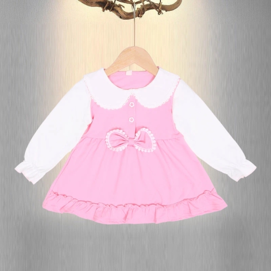 Baby Bow Cotton Full Sleeves Dress-Pink / 2-3 years