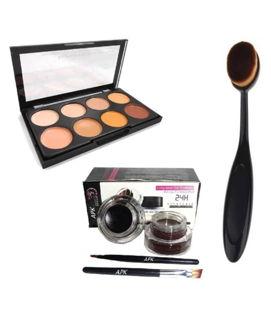 Lenon Beauty Highlighter and Contour 8 Shades Concealer Palette with Oval Foundation Brush And Music Flower Gel eyeliner (Black+Brown)