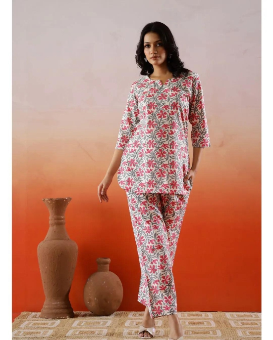 White and pink floral printed cotton Loungewear set-XXL