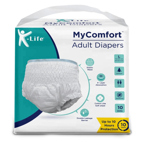 K-life Premium Anti-Bacterial 4layer Absorption Unisex Pant Style Adult Diapers | Pack of 1 | 10 Count | Large (Waist Size 30-55 inch|75-140 cm)