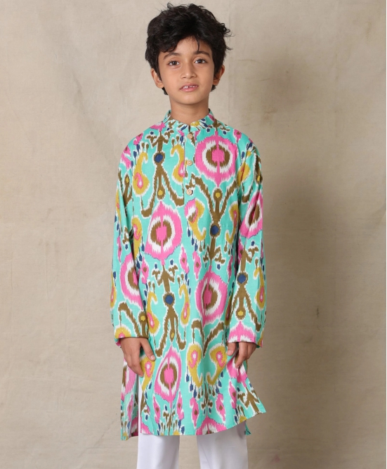 AQUA IKAT PRINTED PURE COTTON KURTA - AQUA-9-10 YEARS / 1N / AQUA