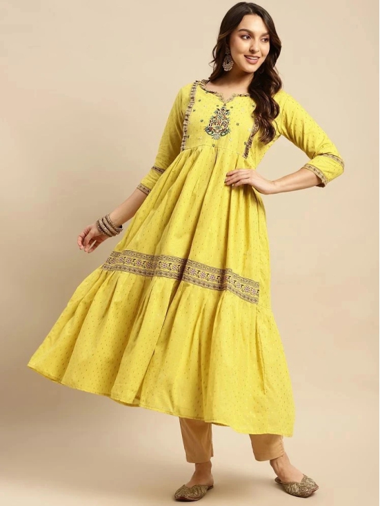 Rangita Women 100% Cotton Lime Green Yoke Embroidered Self Textured Calf Length Anarkali - None