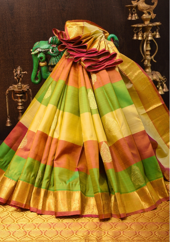 Exquisite Paalum Pazhamum Classic Kanjeevaram Multicolor Saree with zari Border | SILK MARK CERTIFIED