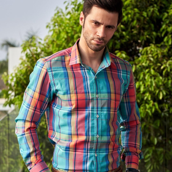 Men  Multi Coloured Checked Slim Fit Formal Shirt.-L