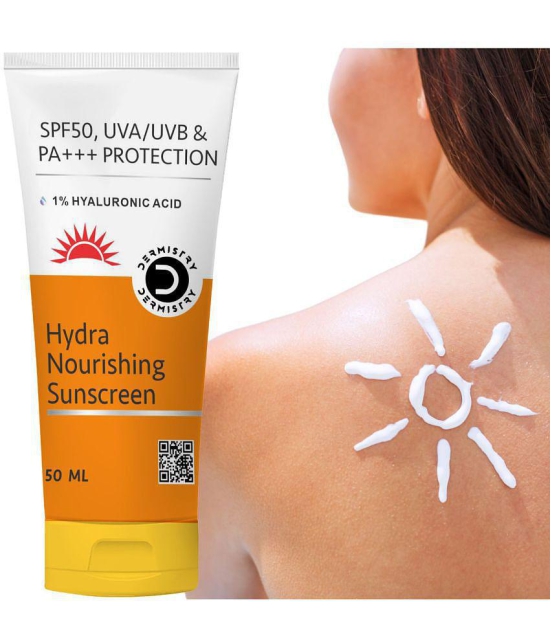 Dermistry 1% Hyaluronic Acid Hydra Nourishing Hydrating Sunscreen Aqua Glow Gel for Dry Skin & All Skin Types SPF 50 UVA UVB PA+++ Protection Cream Quick Absorbed Lightweight Moisturizer Non