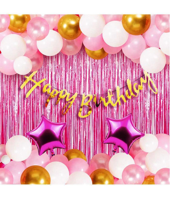 Party Propz Happy Birthday Decorations For Girls Combo Set- Pink White Gold Metallic Balloons, Happy Birthday Banner, Foil Curtain, Star Foil Balloons - Girls, Women, 1st, 2nd, 3rd, 4, 5,6th