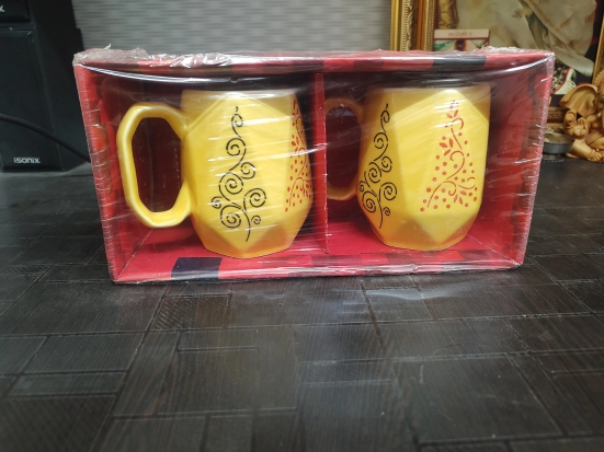 G 99 MART Handmade Ceramic Buti Printed Coffee Mugs- Set of 2 ( Yellow )