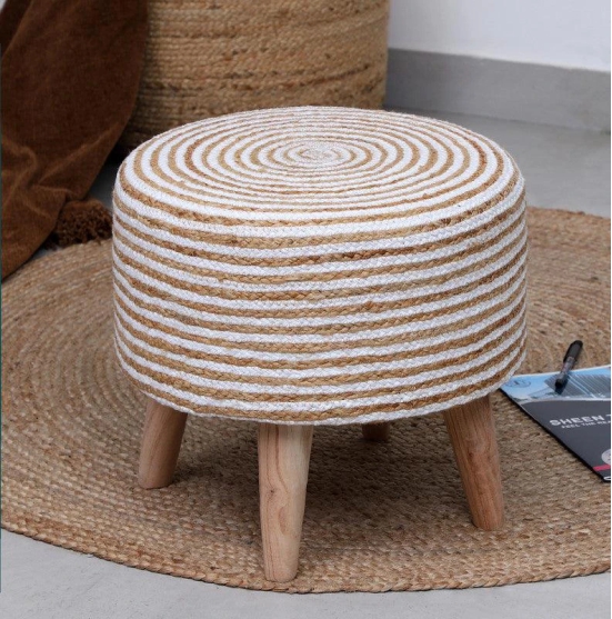 Beautiful Jute Puffy Stool for Living Room (Pack of 1)-White